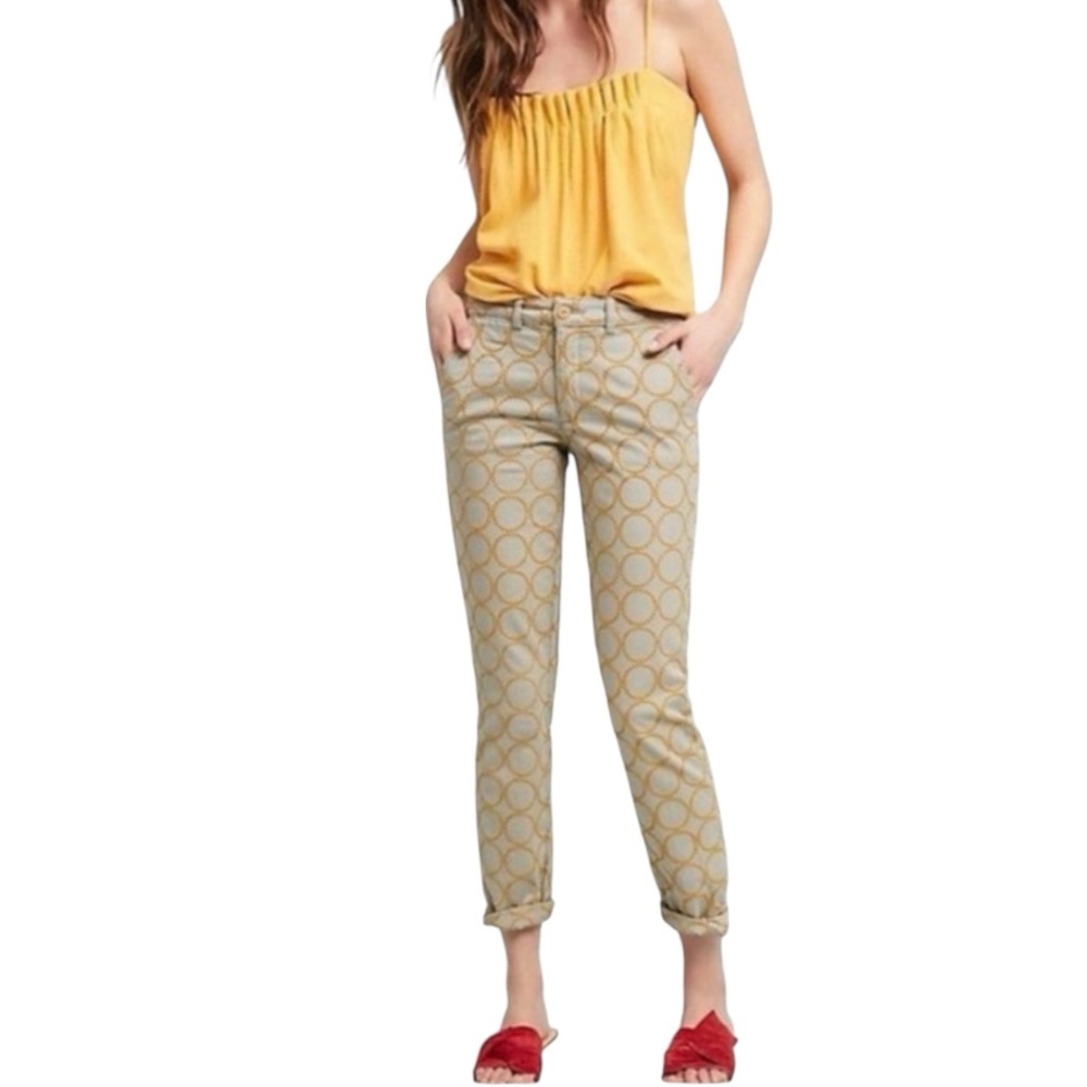 ANTHROPOLOGIE Chino Embroidered Circles Relaxed Fit Pants Tan/Blue/Gold Size 27 - Picture 2 of 12